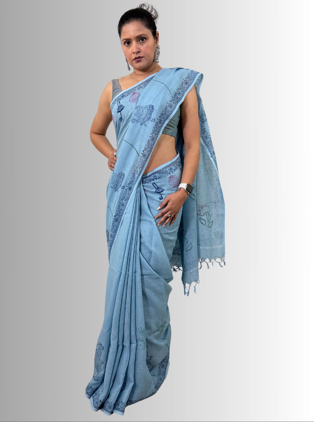 handloom cotton linen white motif block print saree with attached blouse