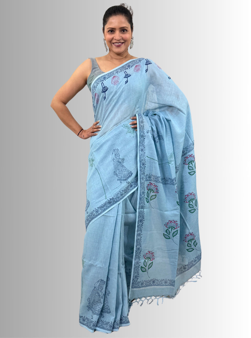 handloom cotton linen white motif block print saree with attached blouse