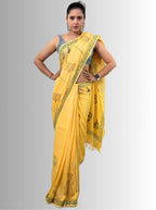 handloom cotton linen white motif block print saree with attached blouse