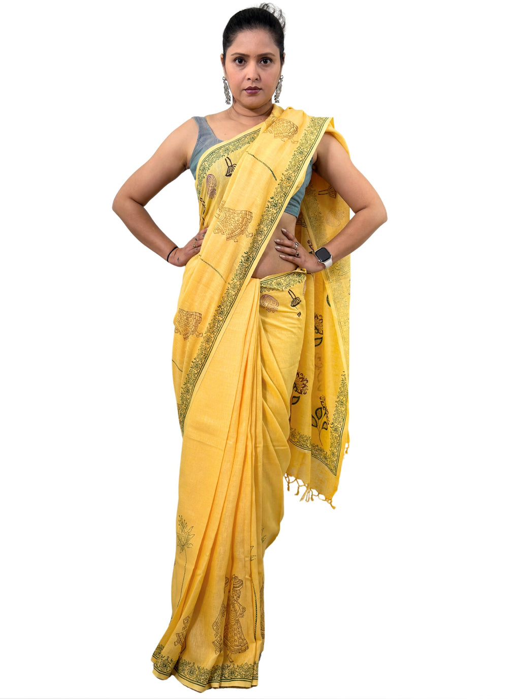 handloom cotton linen white motif block print saree with attached blouse