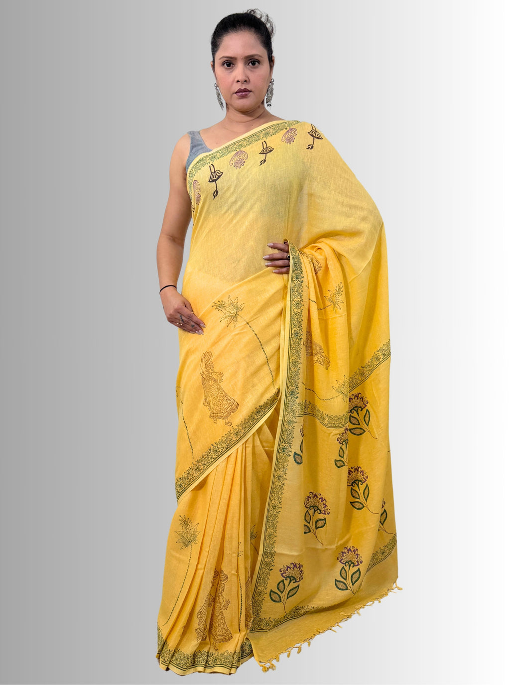 handloom cotton linen white motif block print saree with attached blouse