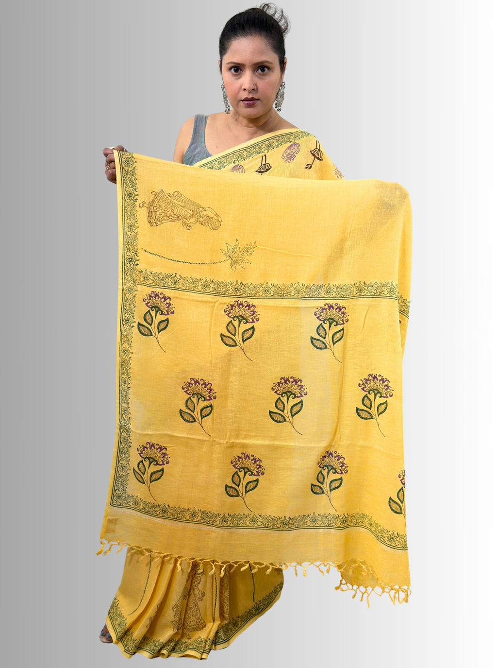 handloom cotton linen white motif block print saree with attached blouse