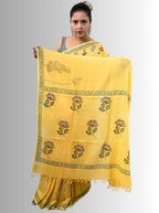 handloom cotton linen white motif block print saree with attached blouse