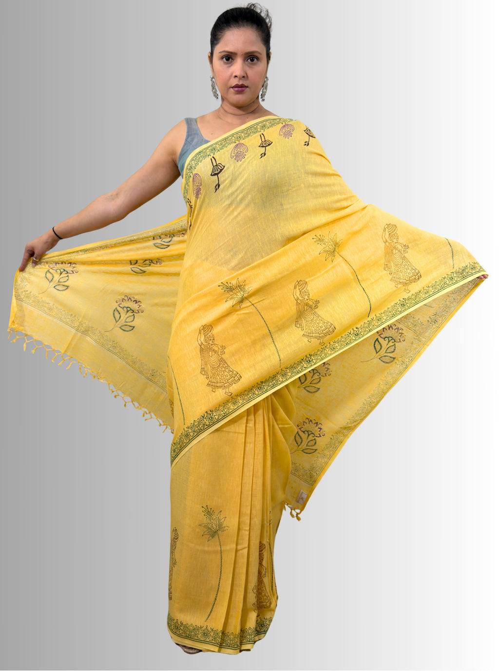 handloom cotton linen white motif block print saree with attached blouse