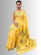 handloom cotton linen white motif block print saree with attached blouse