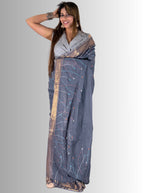 handloom linen Grey saree with jaal work hand embroiedry
