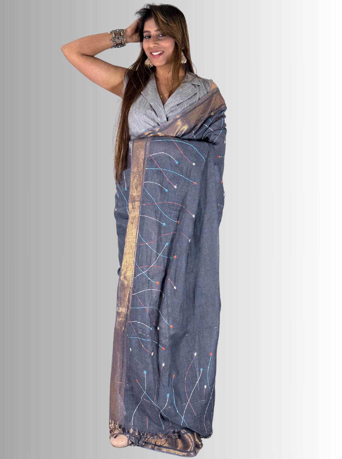 handloom linen Grey saree with jaal work hand embroiedry