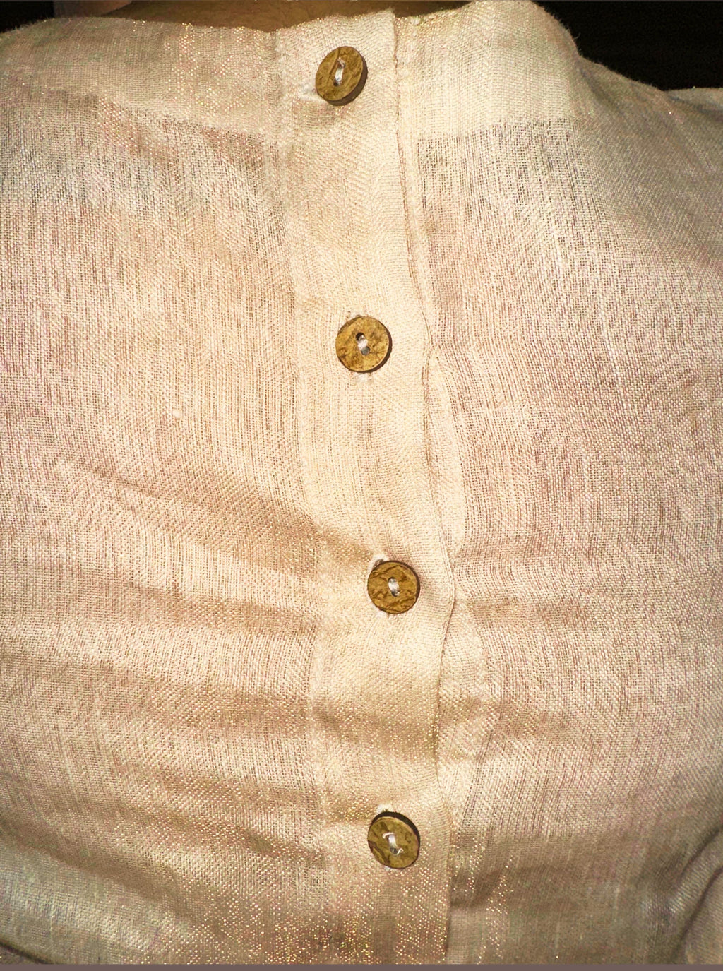 Handloom Rose Gold Striped Tissue Linen Blouse with Round Neck and Back Wooden Buttons