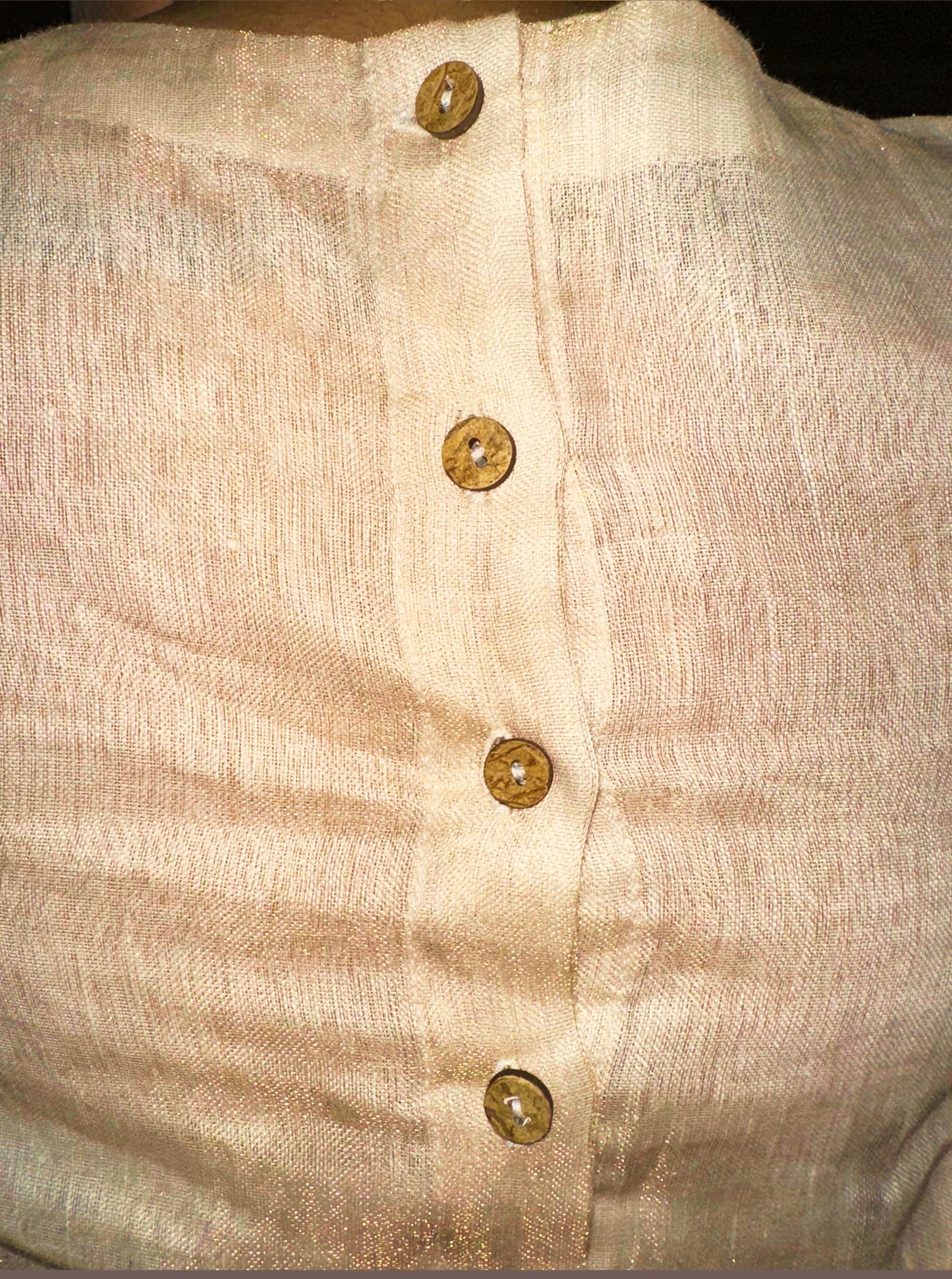 Handloom Rose Gold Striped Tissue Linen Blouse with Round Neck and Back Wooden Buttons