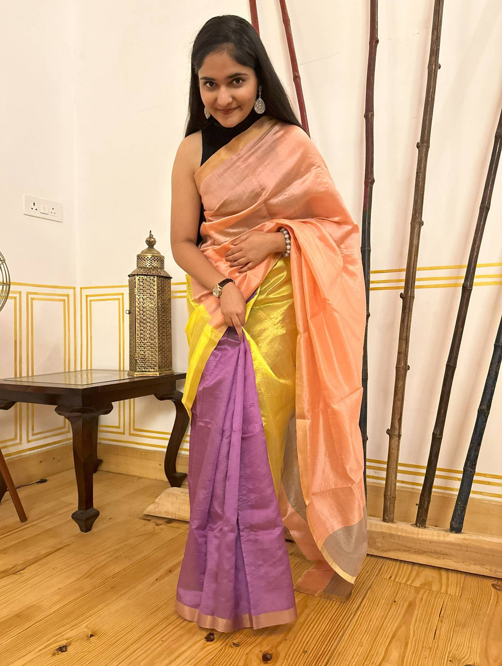 Tri color Chanderi Pattu Silk Saree