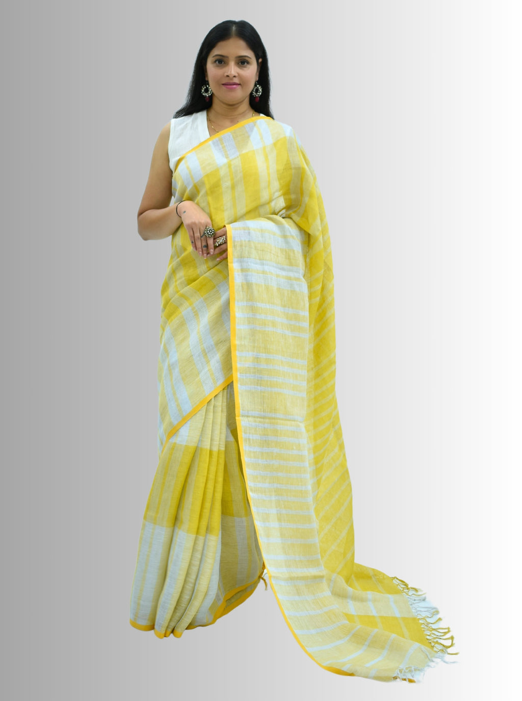 Pure Handloom Linen White & Yellow Saree