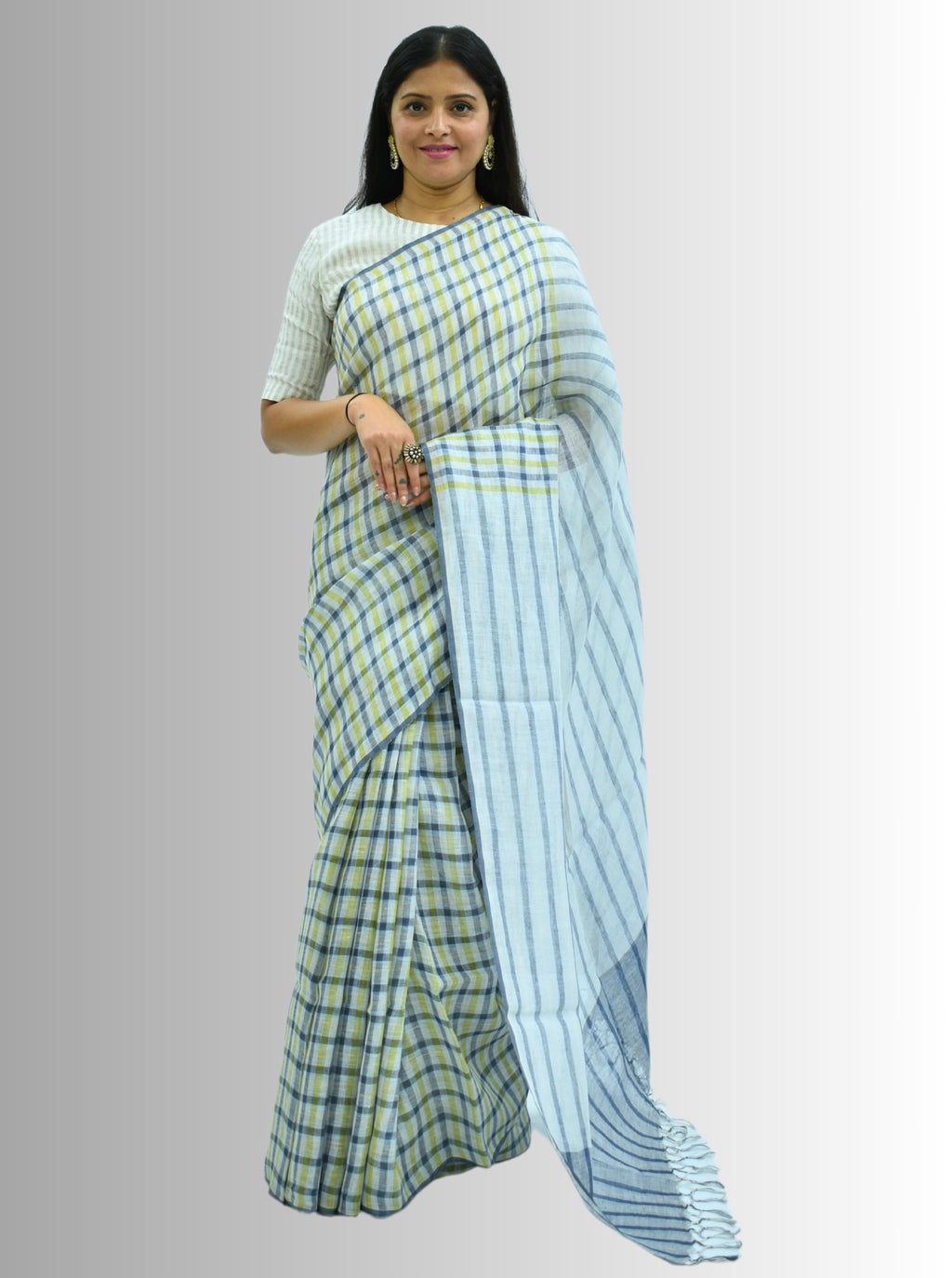 Pure Handloom Linen Beige Brown & Pink Check Saree