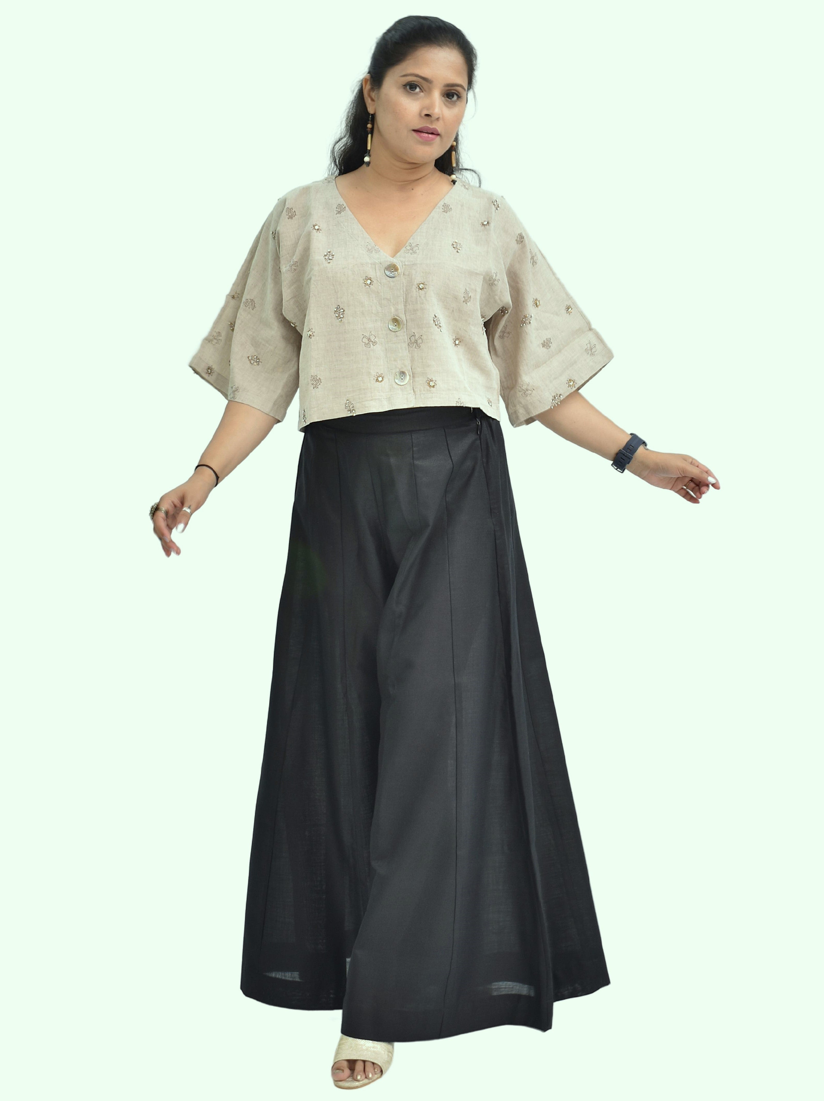 Pure Handloom Cotton Linen Soil Beige Color Hand embroidered Top