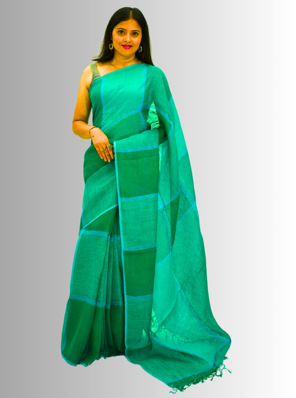 Pure Handloom Linen Emerald Green Check Saree