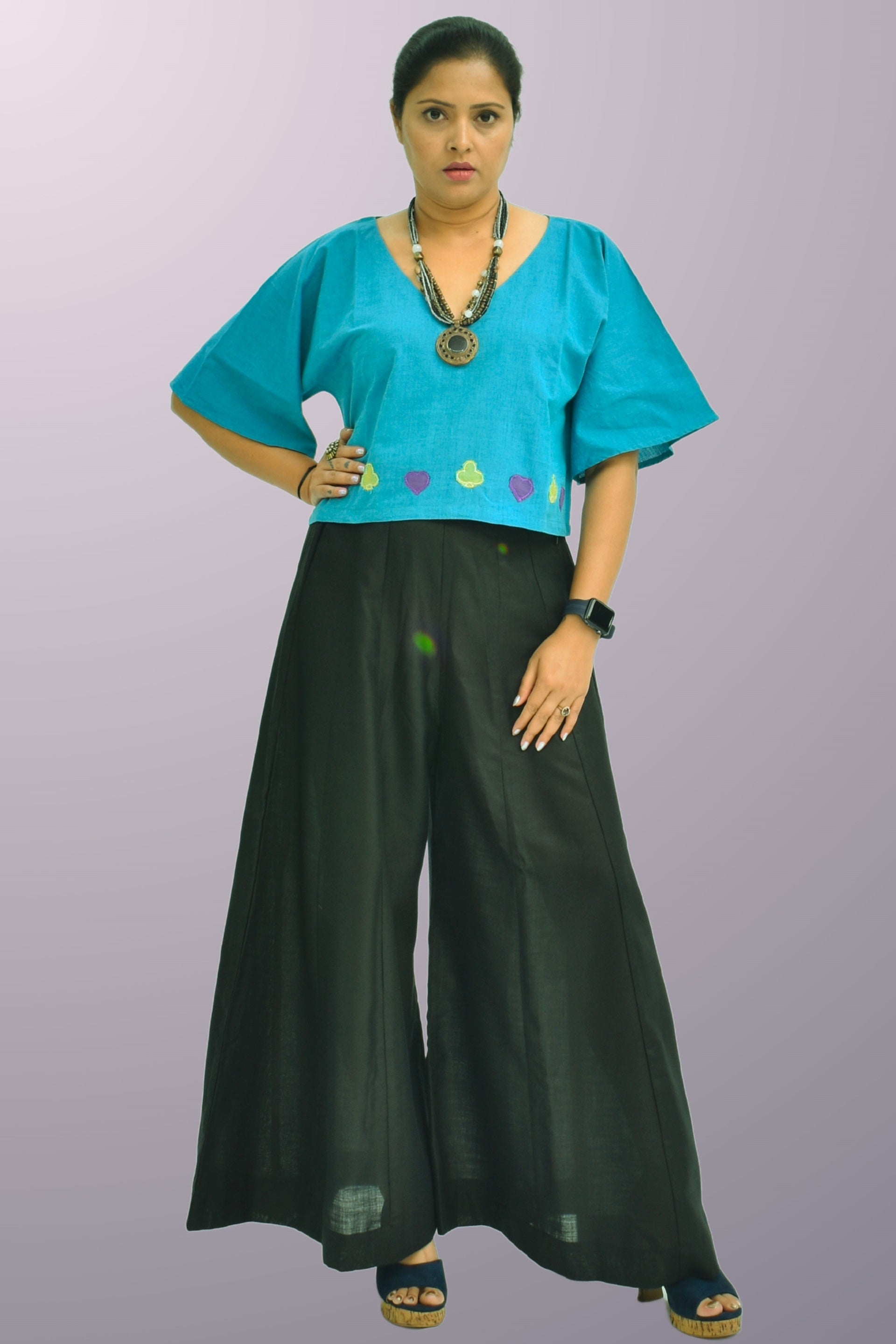 Pure Handloom Cotton Teal Blue Color with Patch Work Top