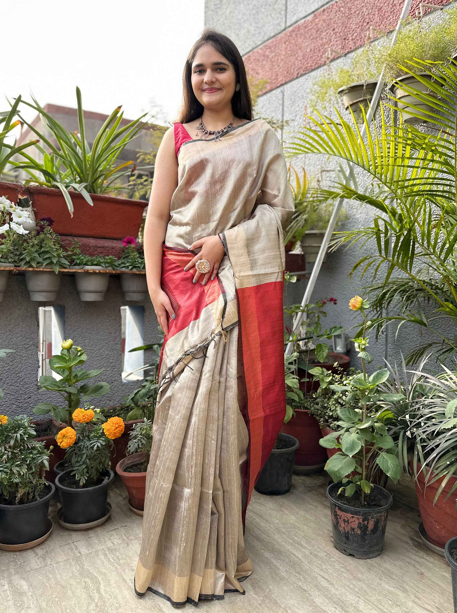 Pure handloom Beige and Red Ghicha Tussar Silk sare