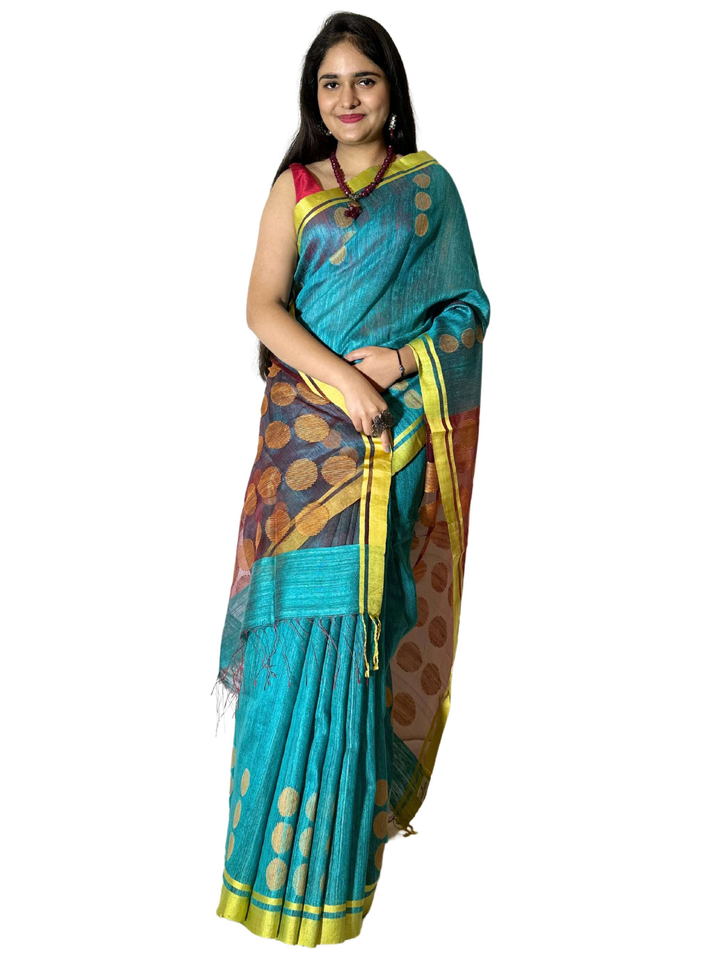 Pure handloom Teal Colour Tussar Silk Saree with Jamdani work