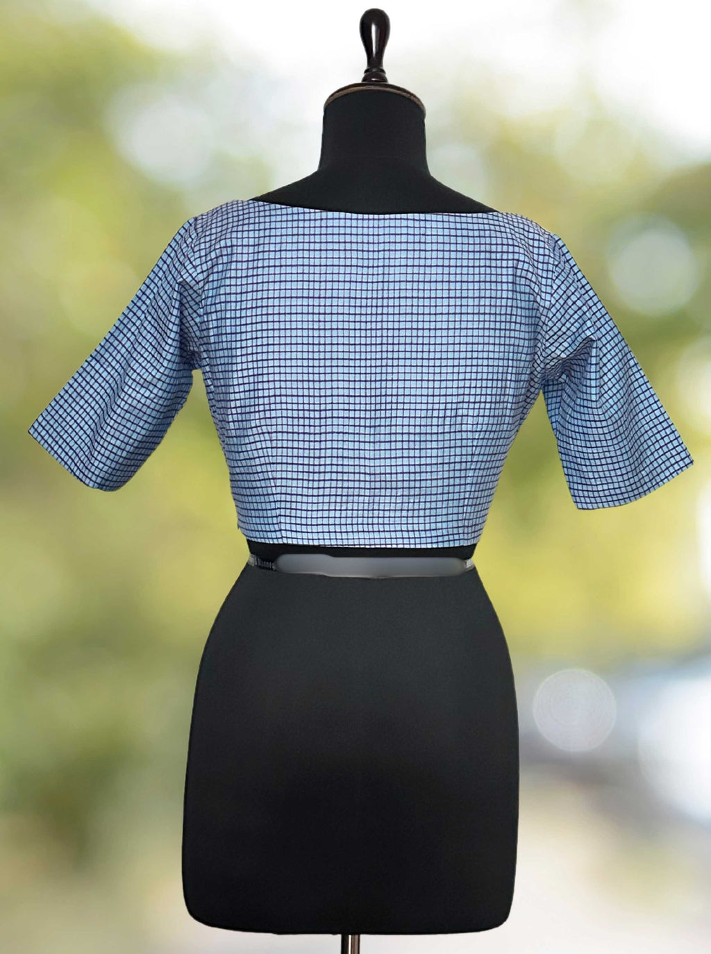 Pure Handloom Kosa Silk blue check boat Neck Blouse