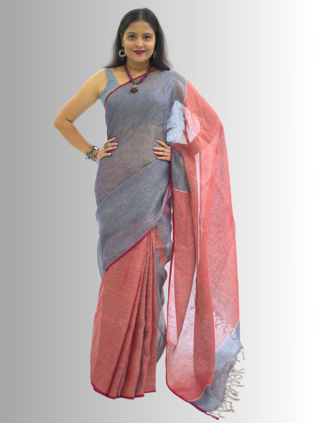 Pure Handloom Red & Orange Linen Saree