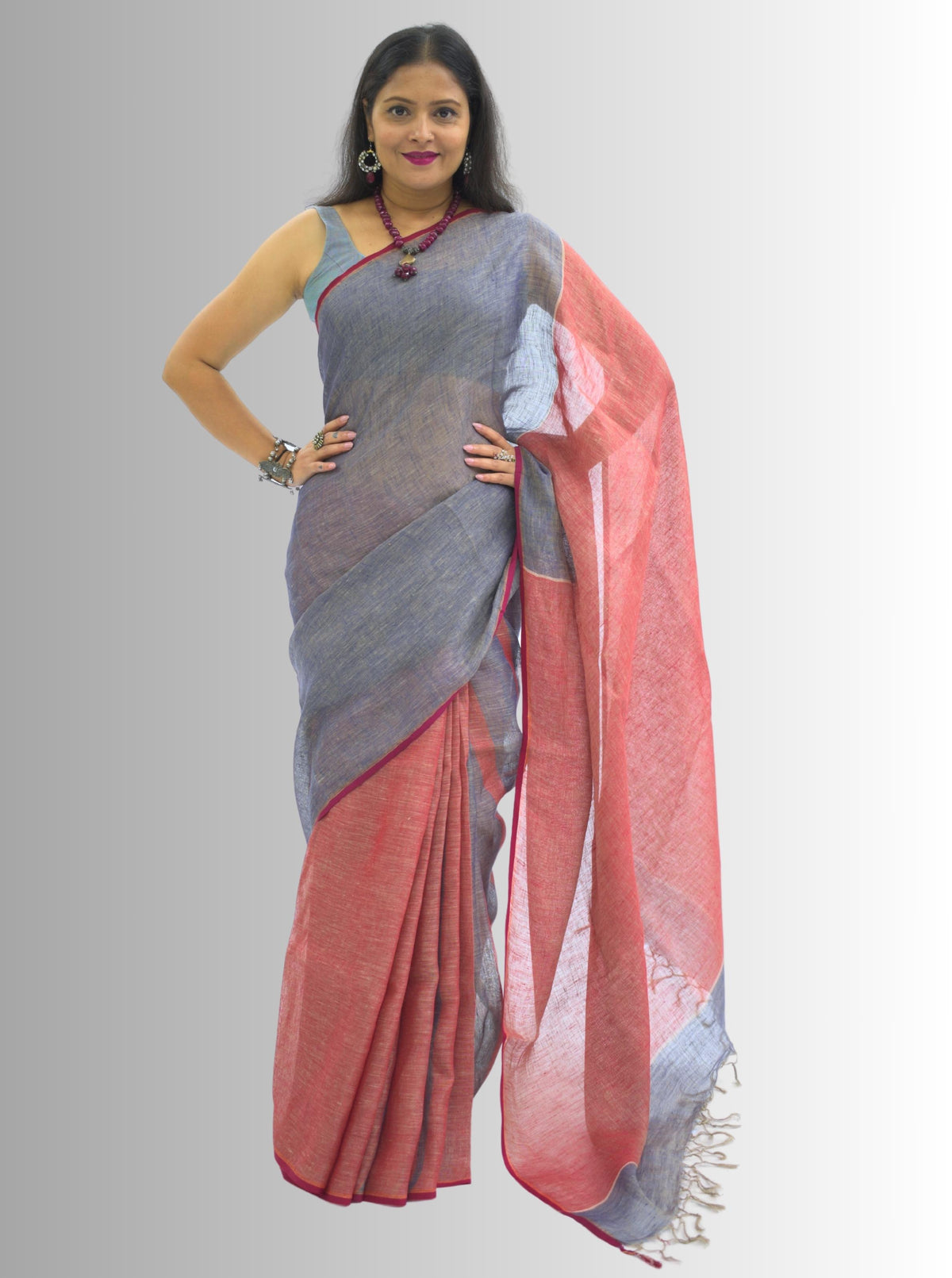 Pure Handloom Red & Orange Linen Saree
