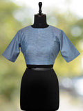 Pure Handloom Kosa Silk Blue Check Round Neck Blouse