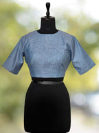 Pure Handloom Kosa Silk Blue Check Round Neck Blouse