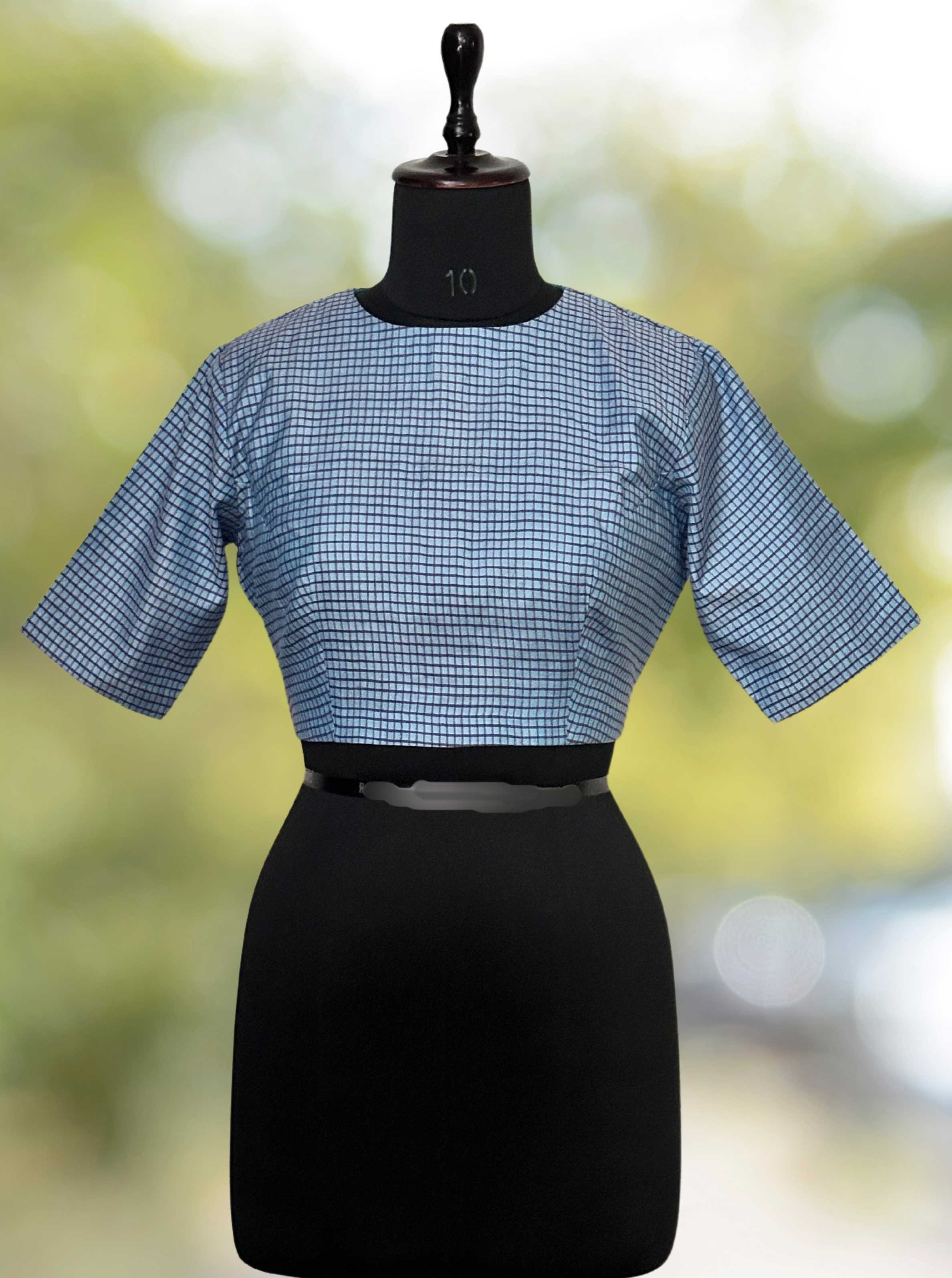 Pure Handloom Kosa Silk Blue Check Round Neck Blouse