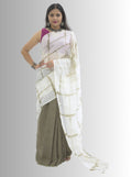 Pure Handloom Linen Olive Green & White Tie Dye Saree