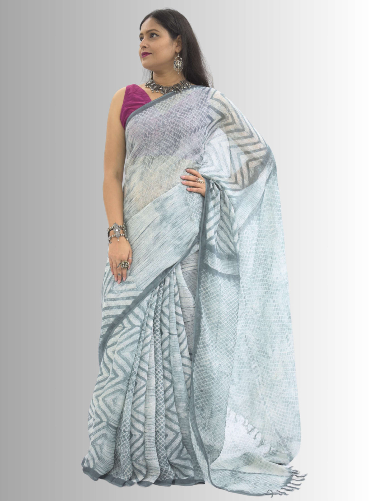 Pure Handloom White & Grey Shibori Linen Saree