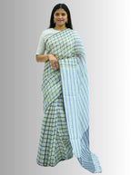Pure Handloom Linen Beige Brown & Pink Check Saree