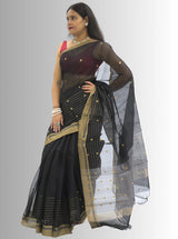 Chanderi Silk Black  Saree with Golden Zari Stripes Border