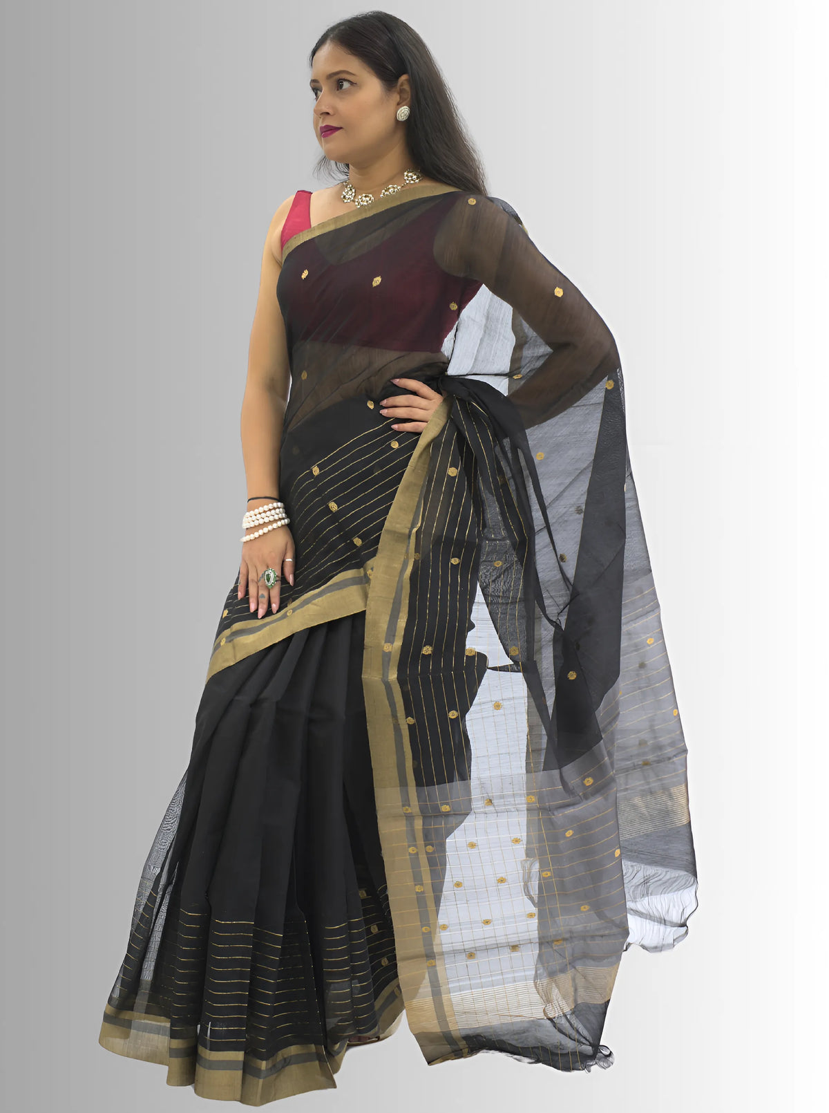 Chanderi Silk Black  Saree with Golden Zari Stripes Border