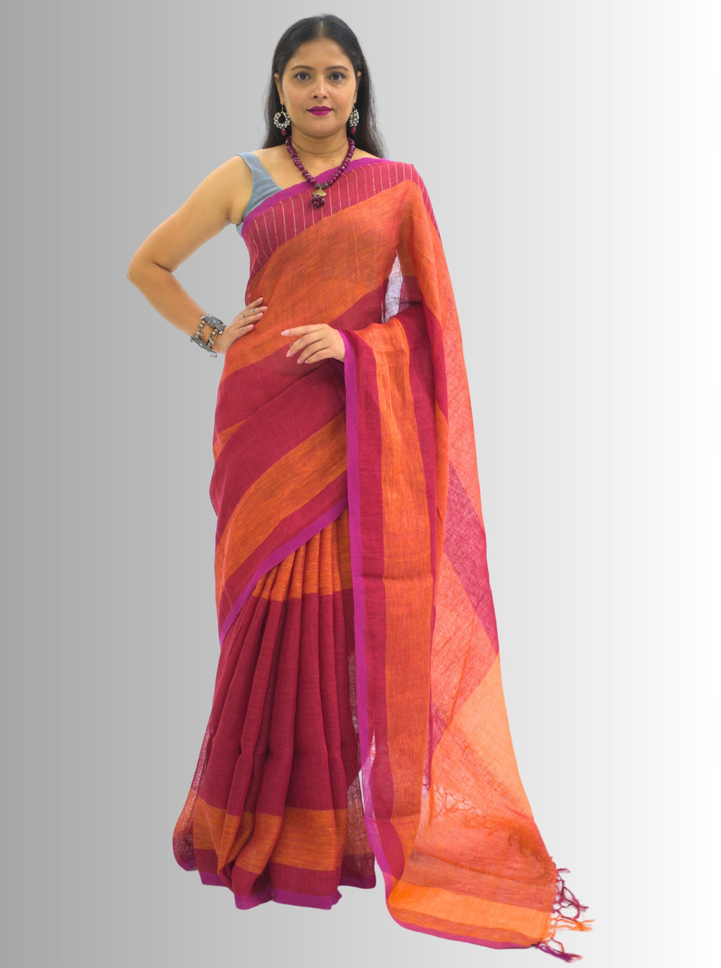 Pure Handloom Red & Orange Linen Saree (Copy)
