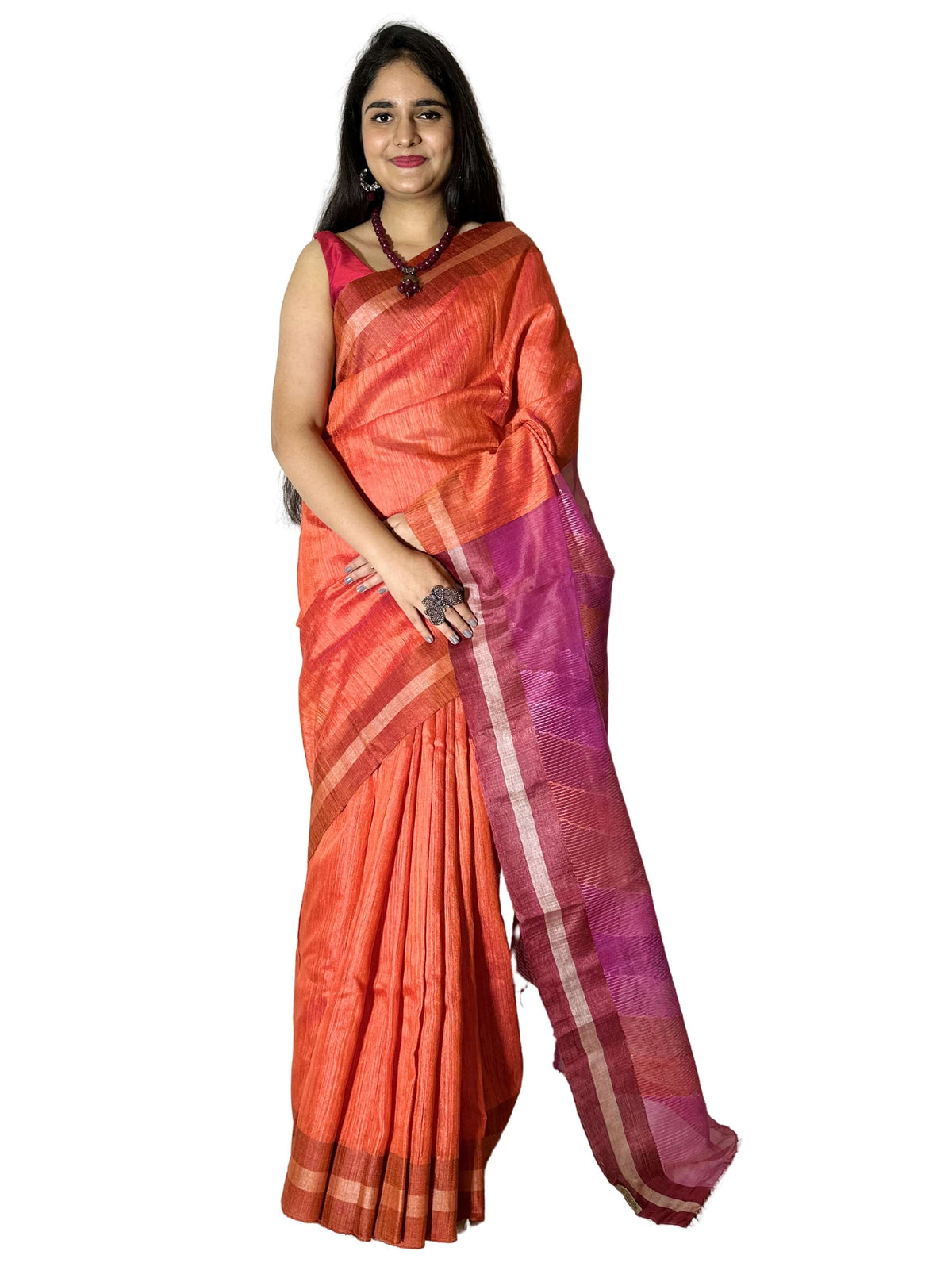 Pure handloom Orange and Pink Tussa Silk Saree with Jamdani work
