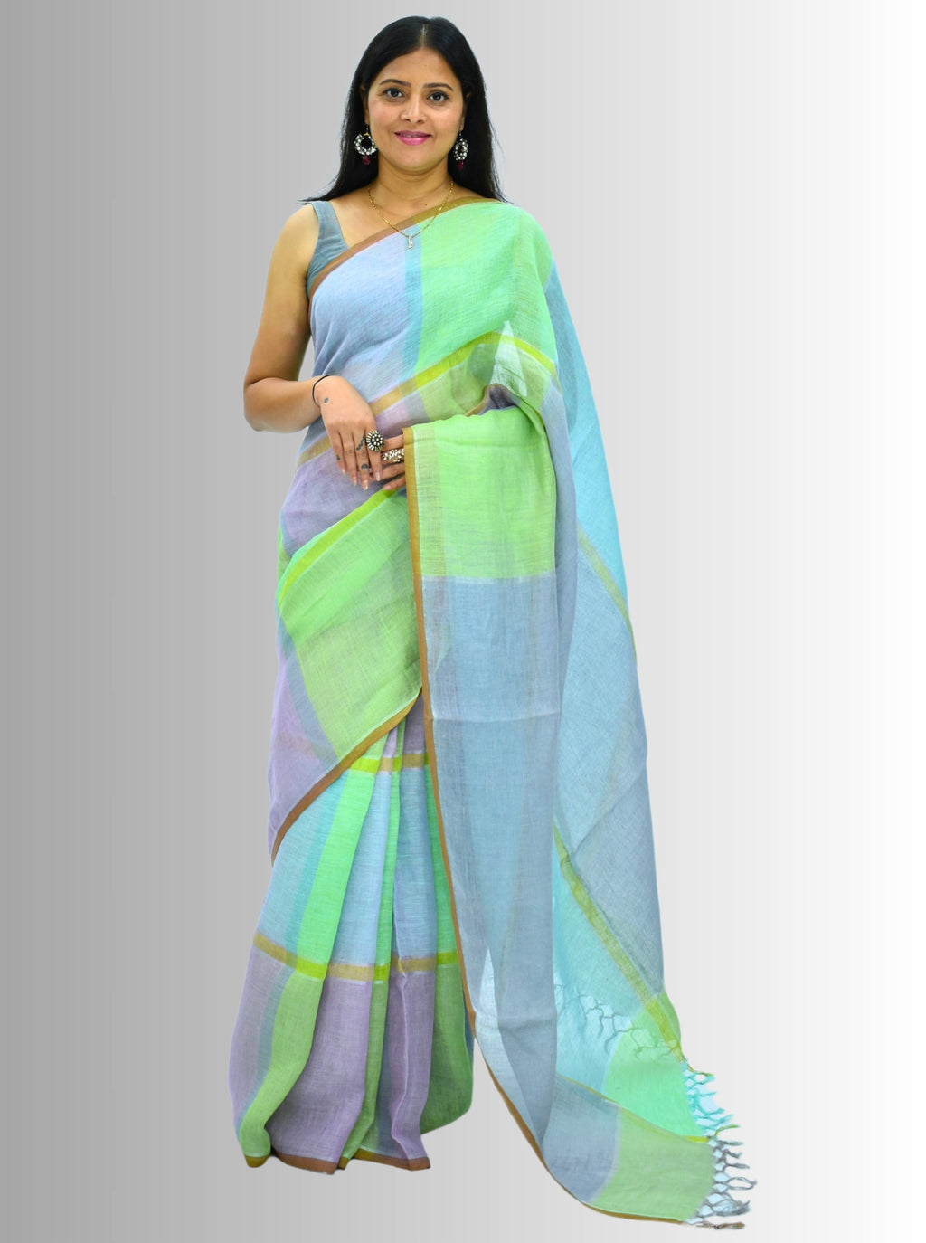 Pure Handloom Linen Multicolor Check Saree