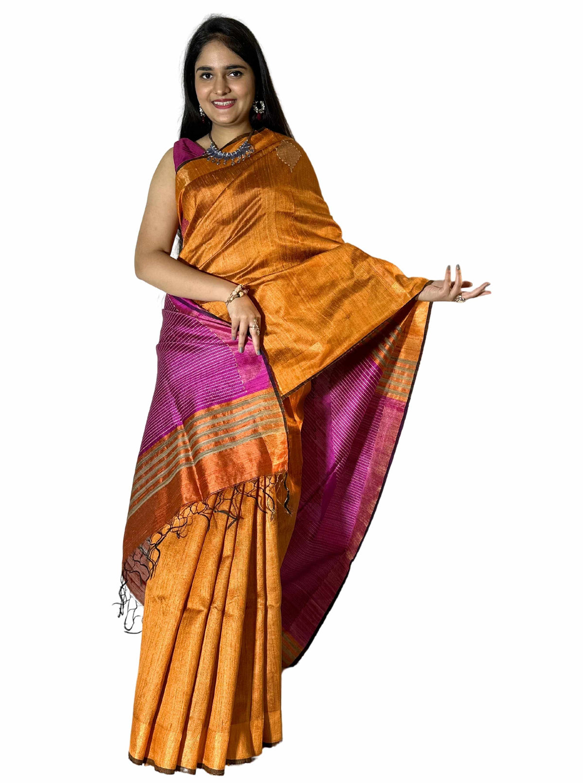 Pure handloom Orange &Pink tussar saree with Jamdani work
