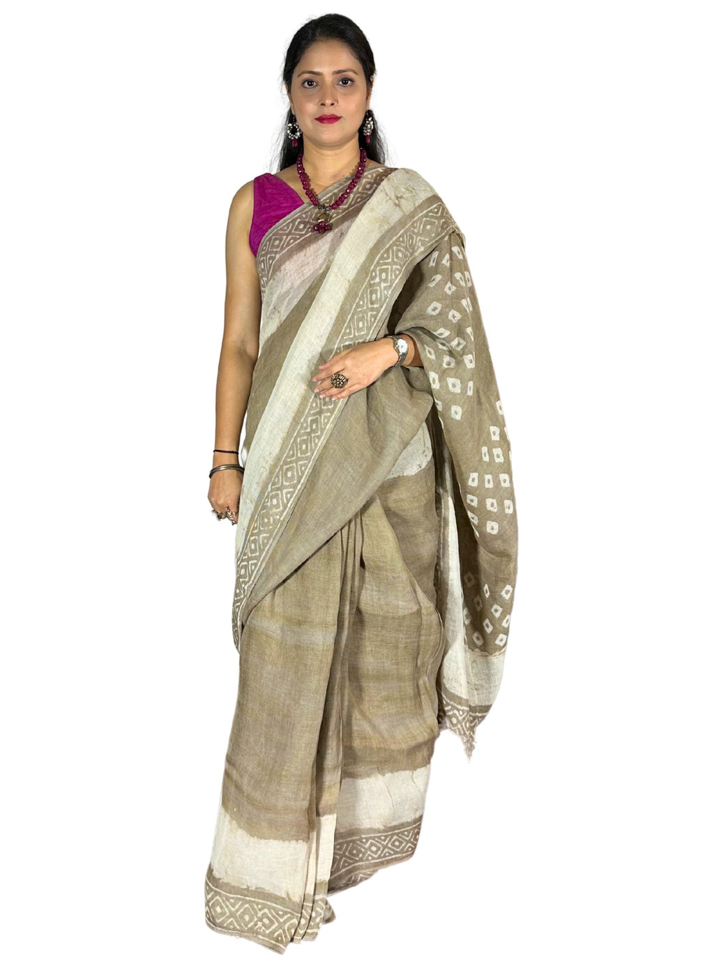 handloom linen soil beige colour dabu print sare with blouse