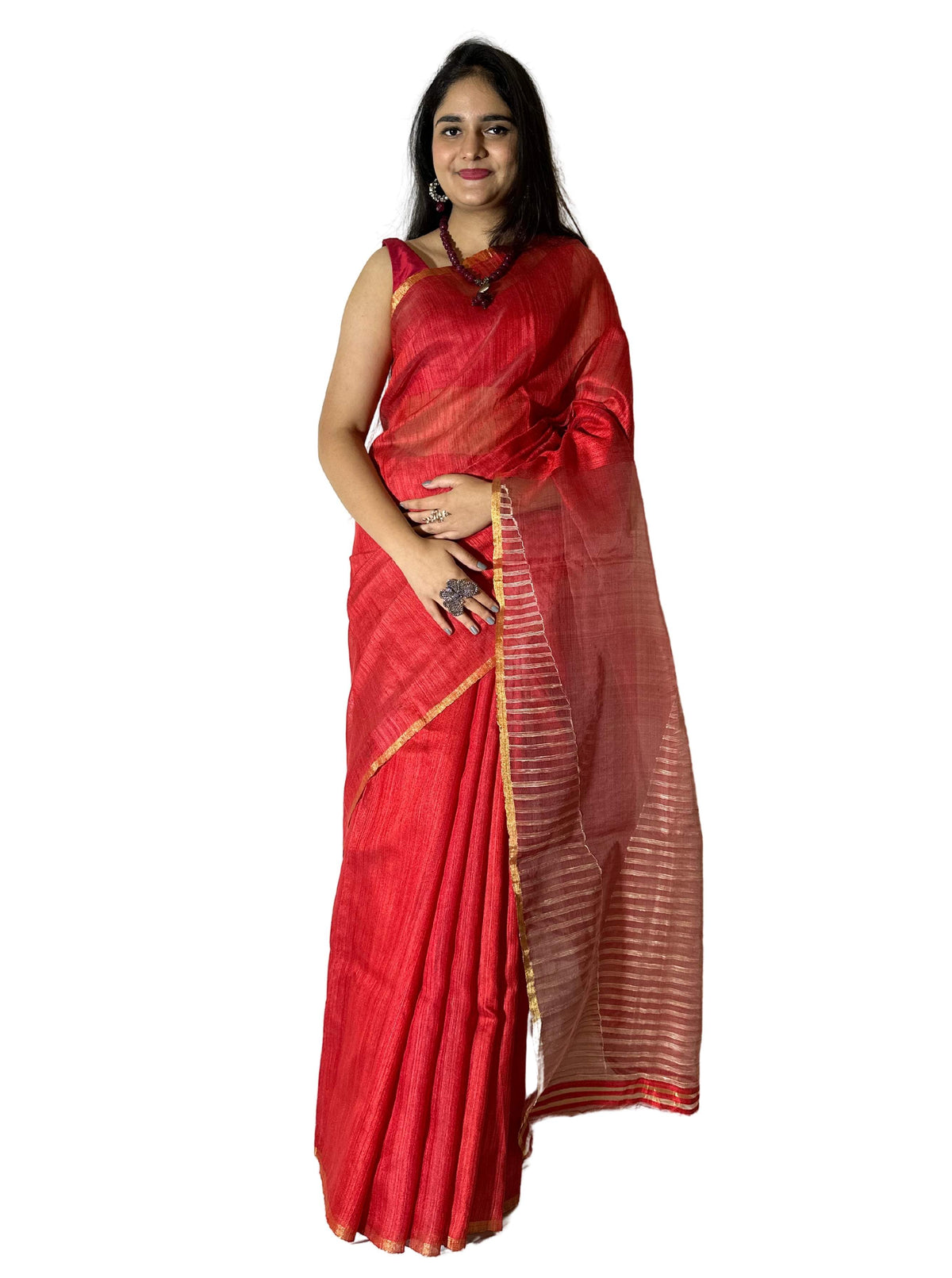 Pure handloom Orange Tussar Silk Saree with Jamdani work