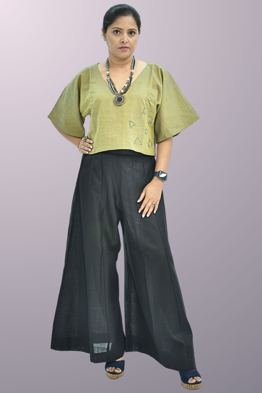 Pure Handloom Cotton Olive Green Color Dual Shade with Patch Work Top