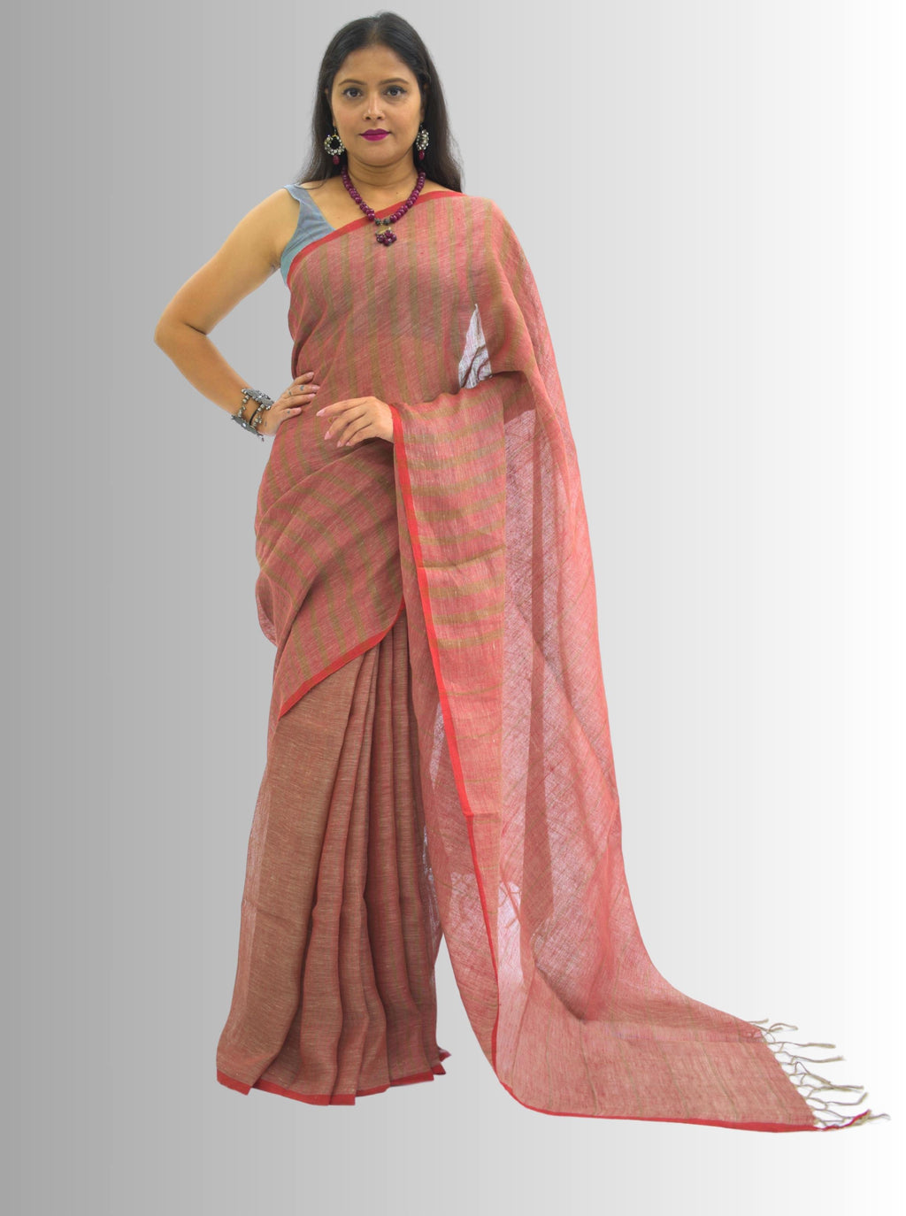 Pure Handloom Red & Brown Striped Linen Saree