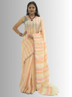 Pure Handloom Yellow, Peach & Silver Stripes Linen Saree