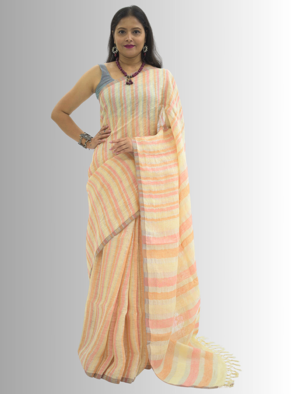 Pure Handloom Yellow, Peach & Silver Stripes Linen Saree