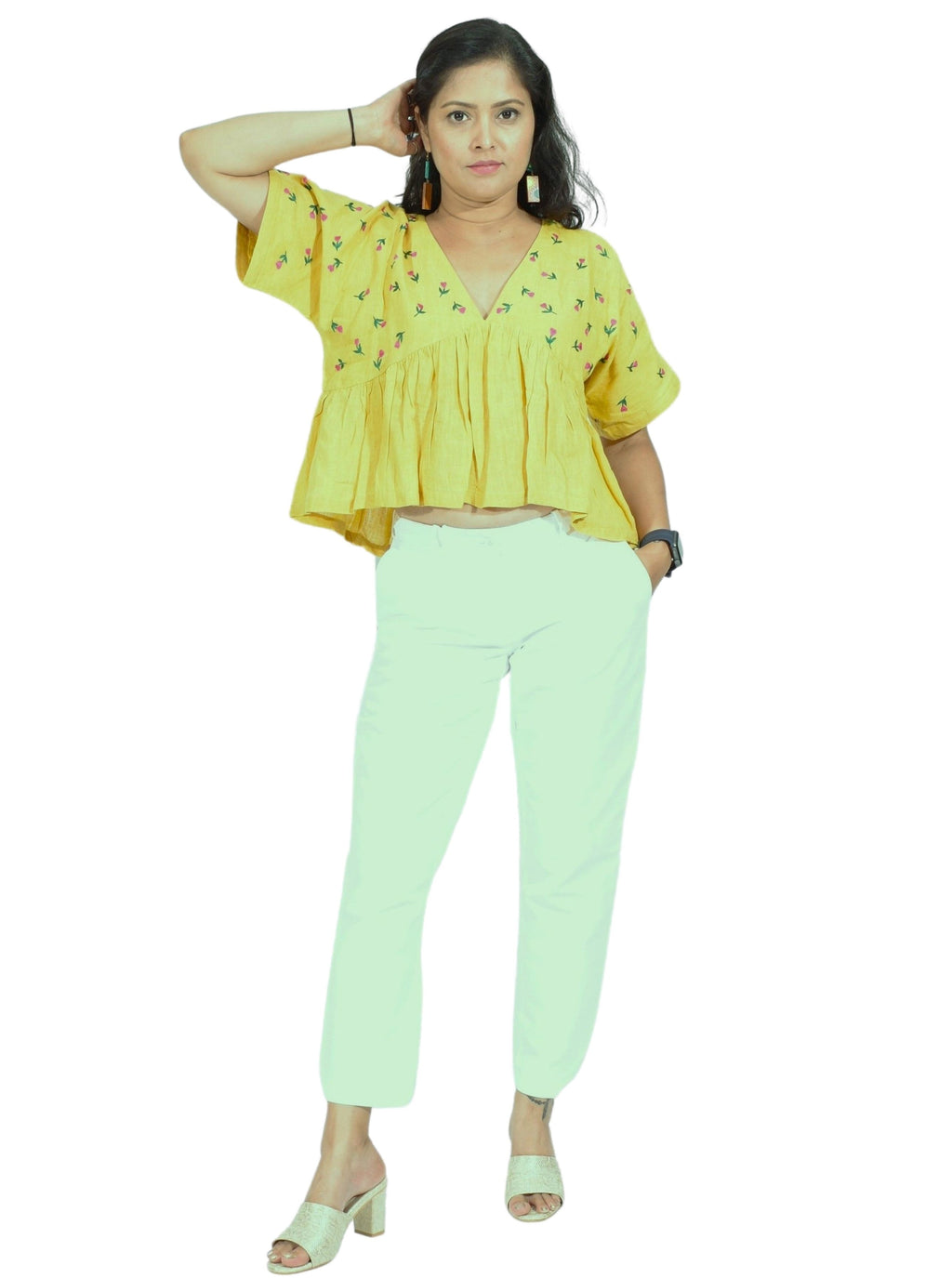Pure Handloom Linen Haldi Yellow Hand-Embroidered Top