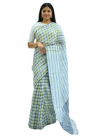 Pure Handloom Linen Beige Brown & Pink Check Saree