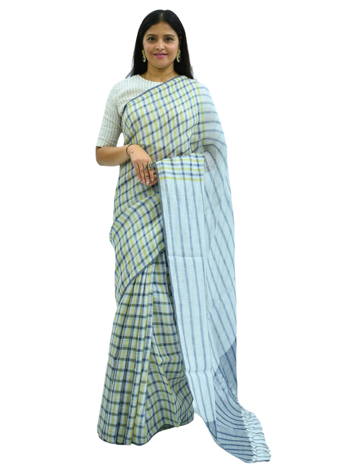 Pure Handloom Linen Beige Brown & Pink Check Saree