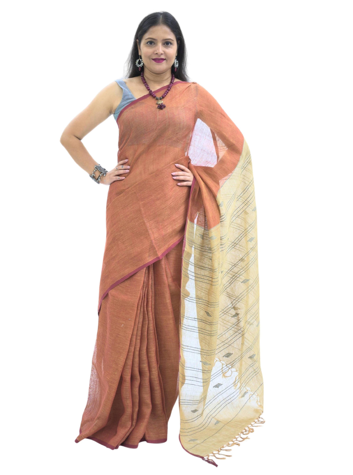 Pure Handloom Brown Linen Saree