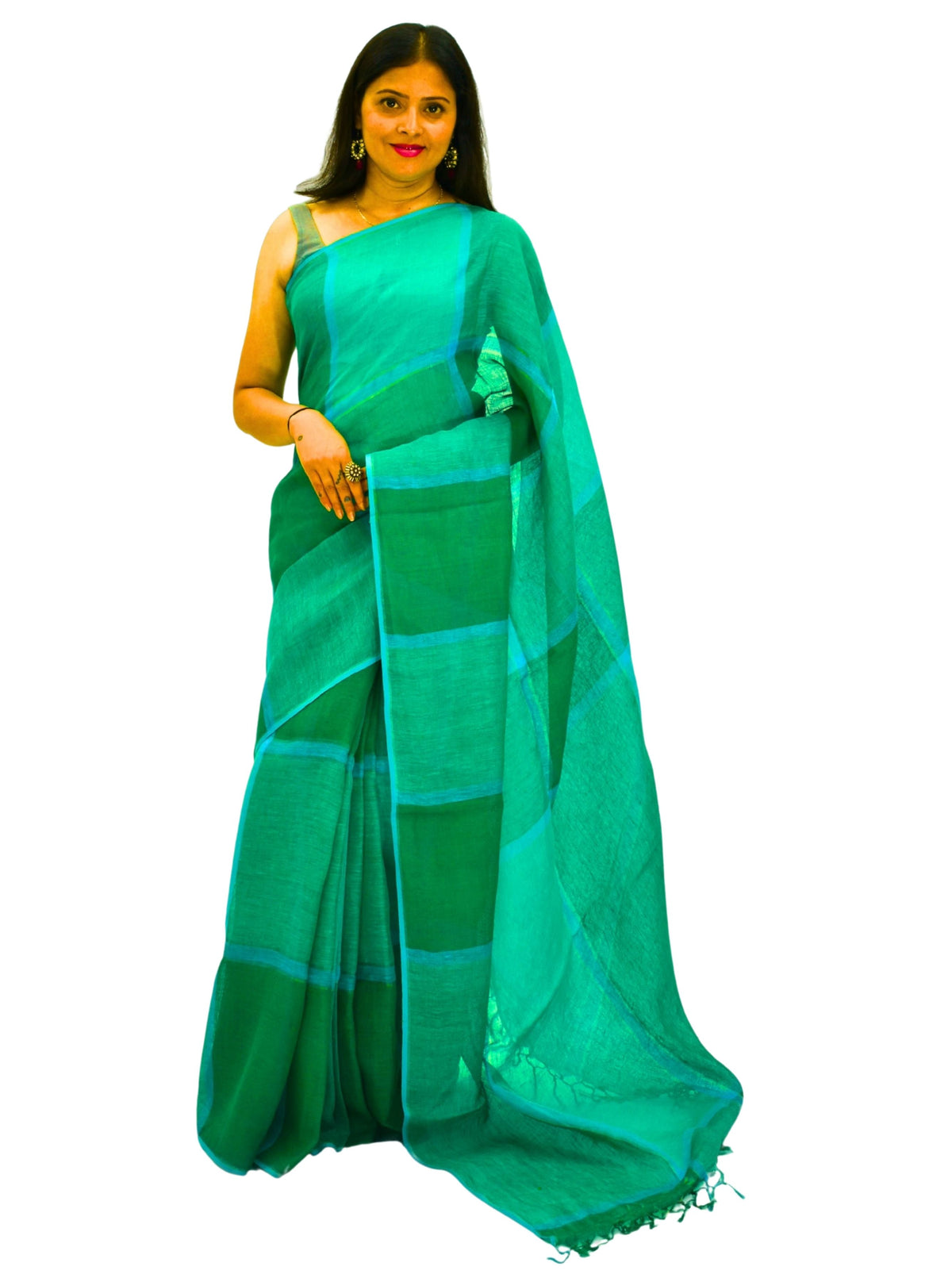 Pure Handloom Linen Emerald Green Check Saree
