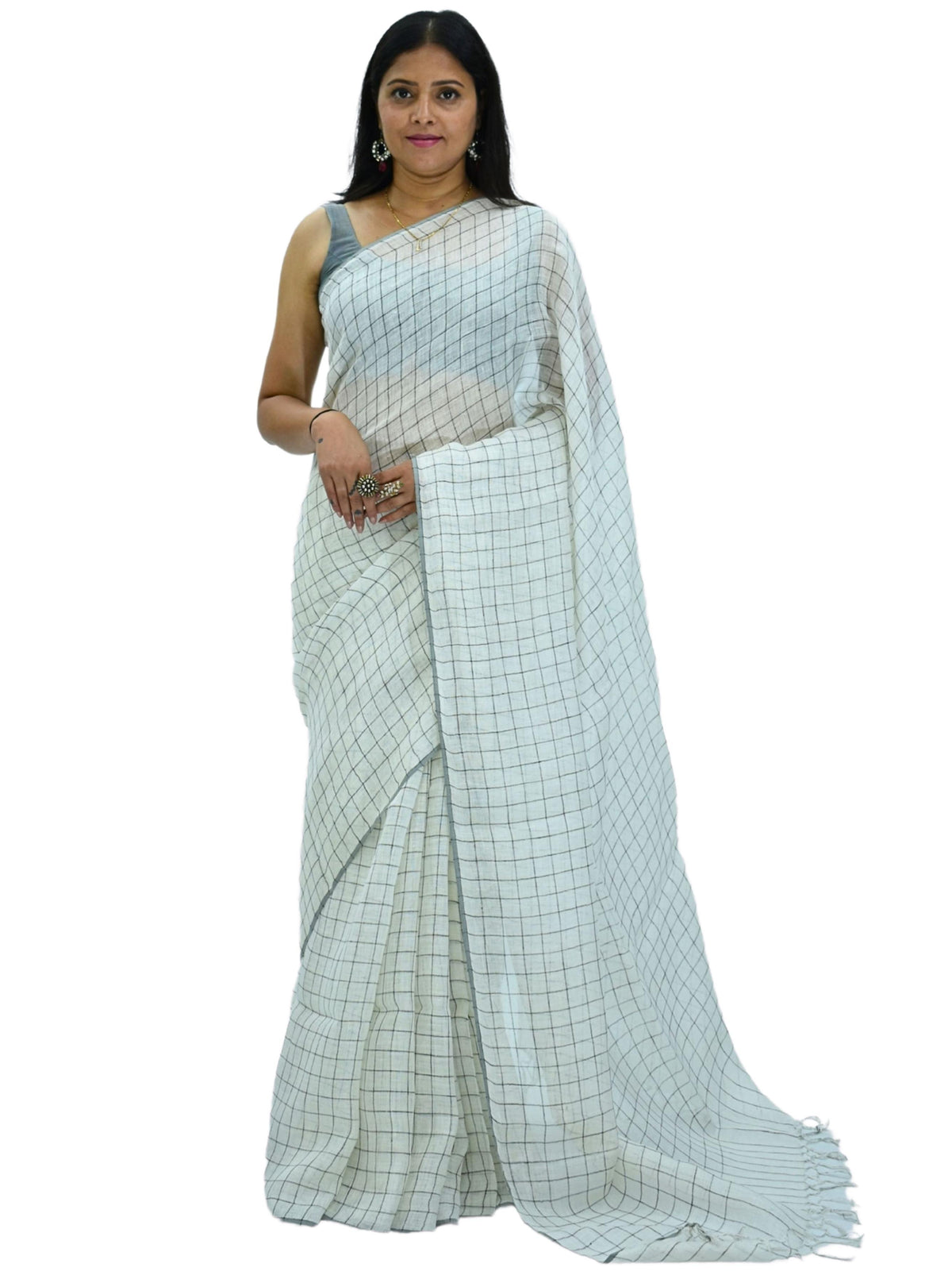 Pure Handloom Linen White Check Saree
