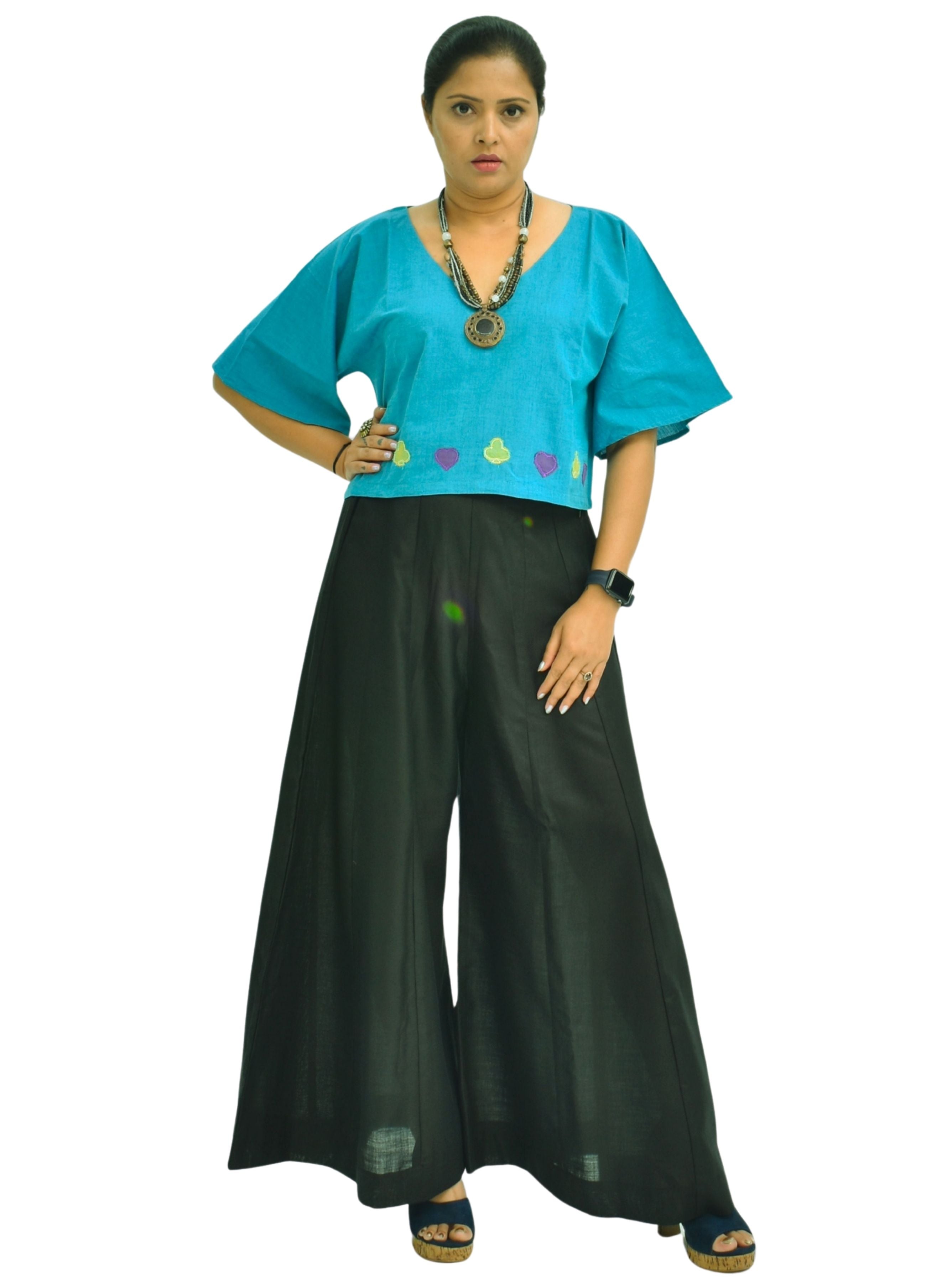 Pure Handloom Cotton Teal Blue Color with Patch Work Top