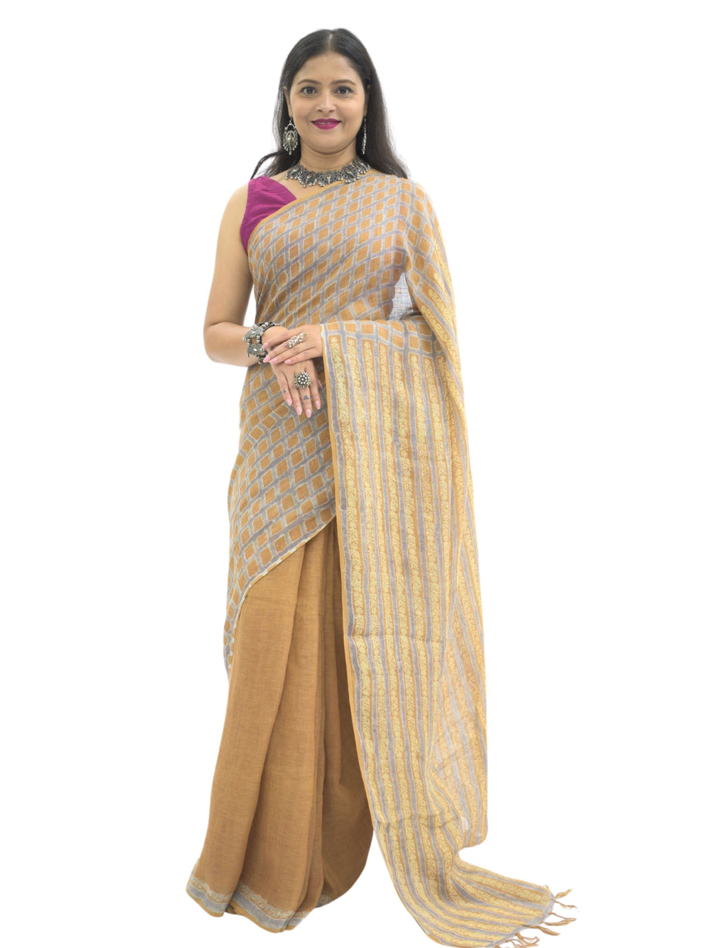 Pure Handloom Linen Brown Handblock Print Saree